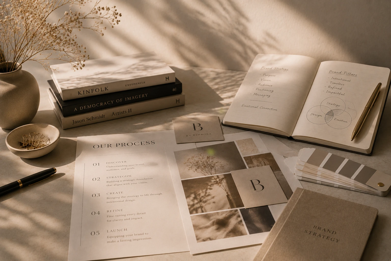 Minimalist brands strategy workspace flatlay