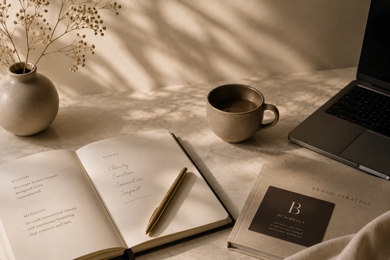 Elegant brands workspace with strategic vision notes